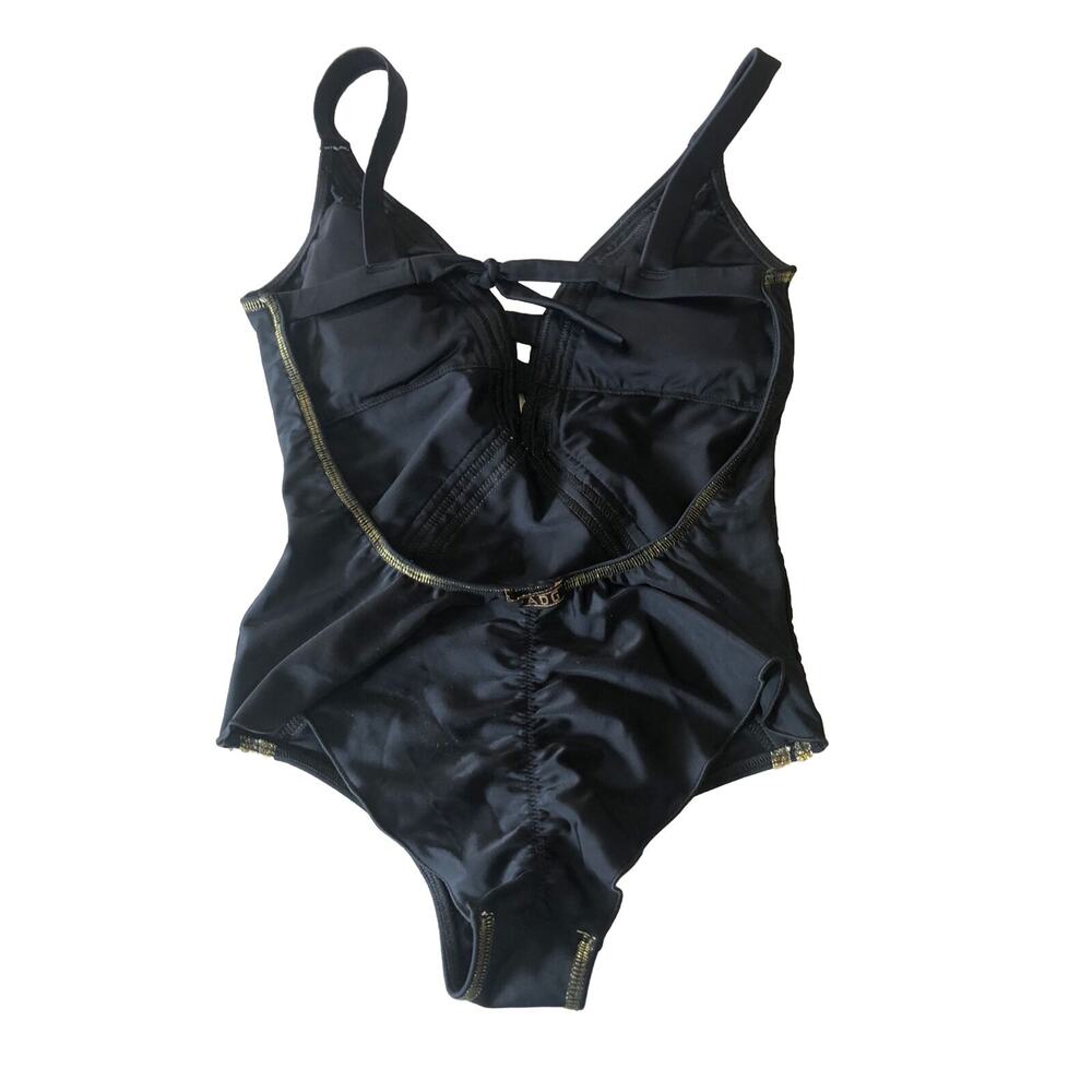 ADG Angel De La Guarda One Piece Plunge Black Gold Sequin Swimsuit Shimmer Sz M - Picture 3 of 6
